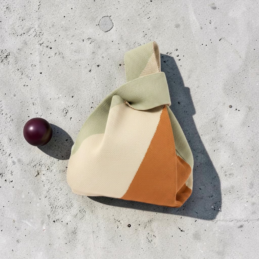 A small fabric bag with a geometric color-blocked design in sage green, cream, and orange, placed on a textured gray concrete surface next to a small dark purple sphere.