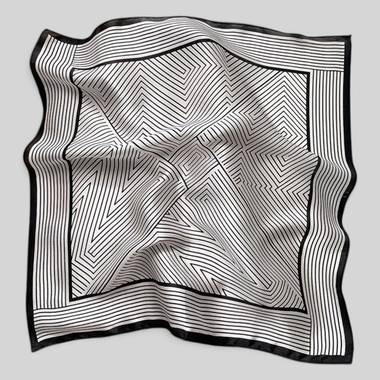 Black and white linear striped silk neckerchief flat lay by Modernist Mood