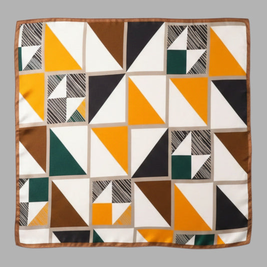 A square silk scarf featuring a geometric pattern of triangles and blocks in mustard yellow, brown, black, white, and dark green, finished with a thin brown border, shown flat against a solid gray background.