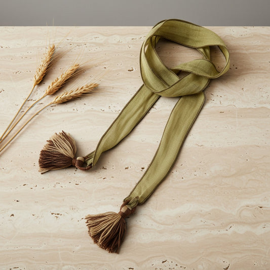 An olive green scarf with brown tassels, styled on a light beige stone surface next to dried wheat stalks.