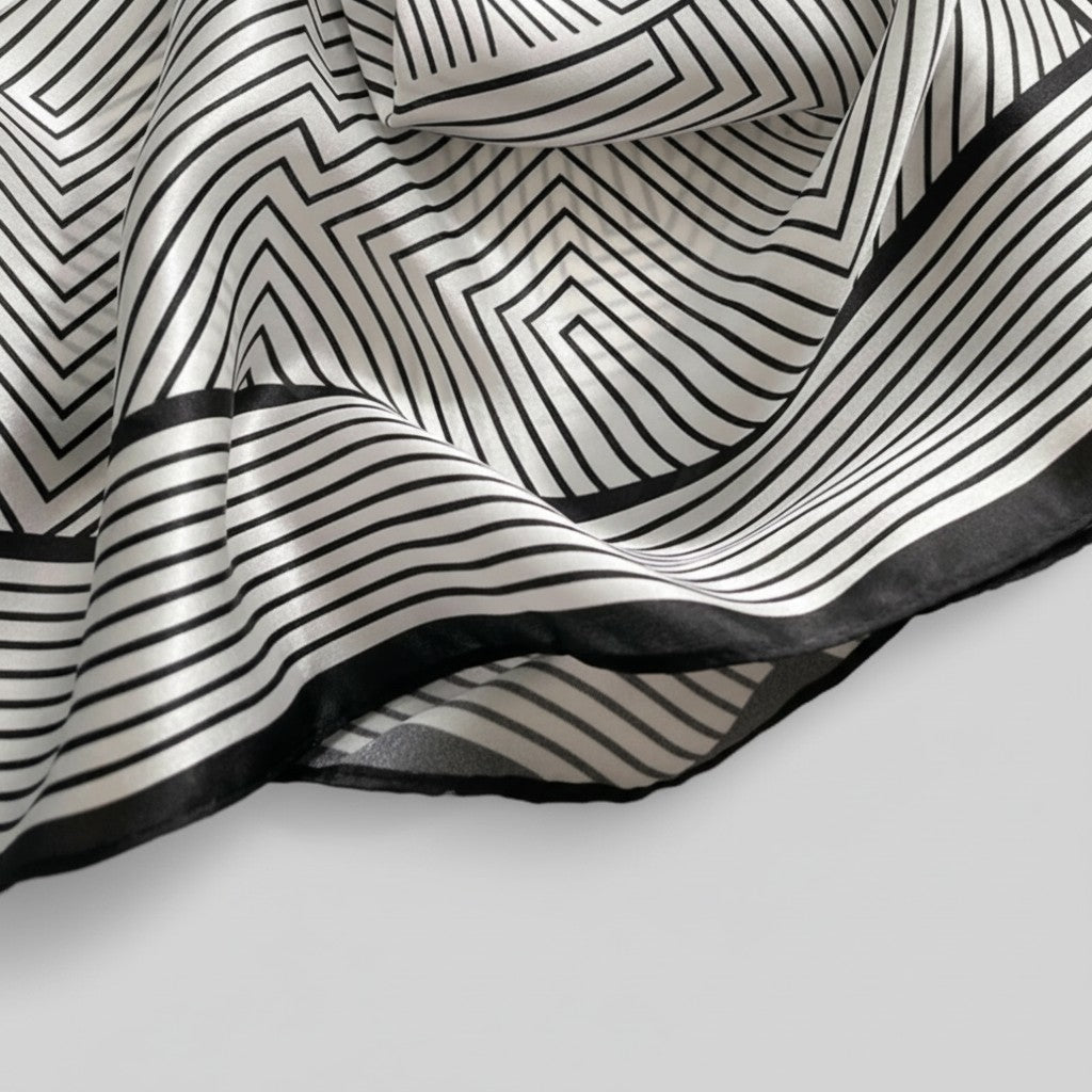 rolled border detail of square black and white silk neckerchief