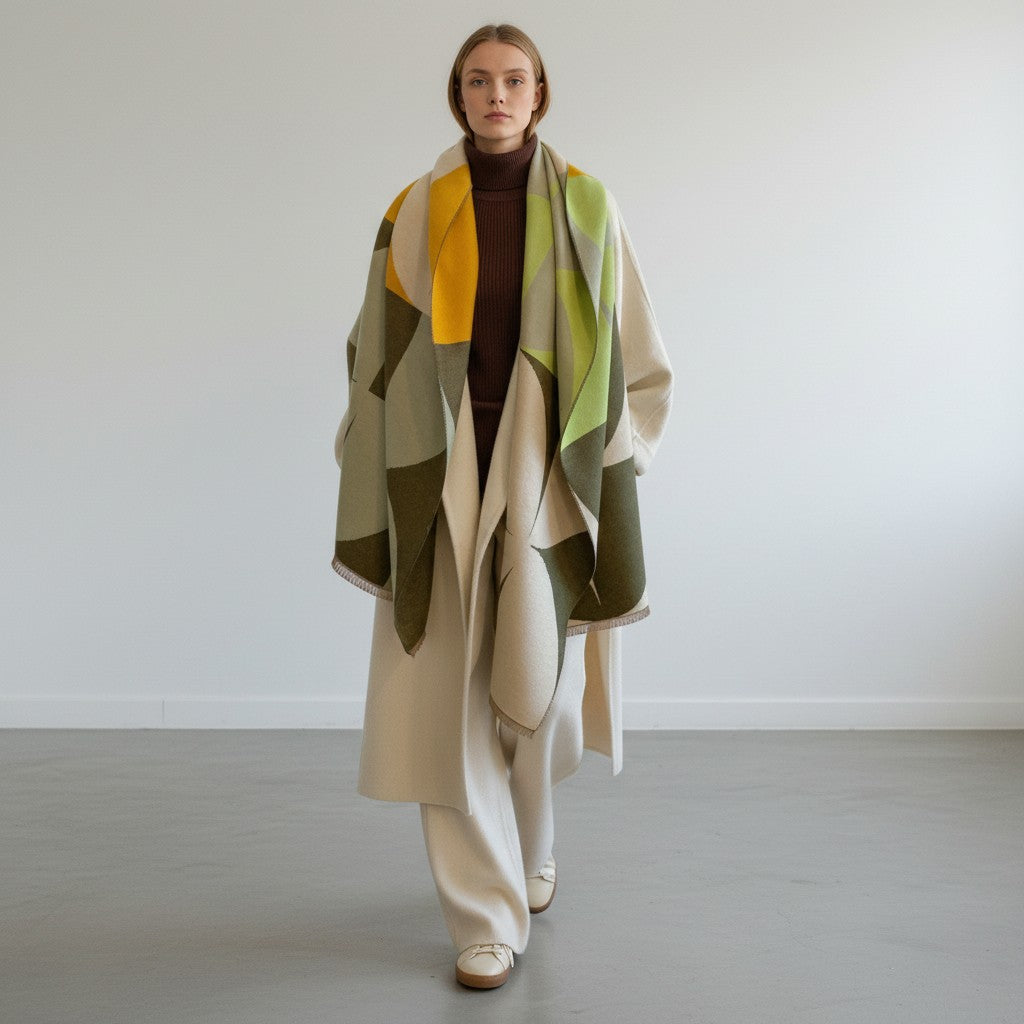 A model walks in a minimalist studio wearing a large, draped geometric scarf with blocks of cream, olive green, lime green, and mustard yellow over a dark brown turtleneck and cream wide-leg trousers.