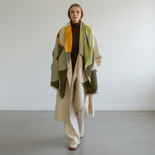 A model walks in a minimalist studio wearing a large, draped geometric scarf with blocks of cream, olive green, lime green, and mustard yellow over a dark brown turtleneck and cream wide-leg trousers.
