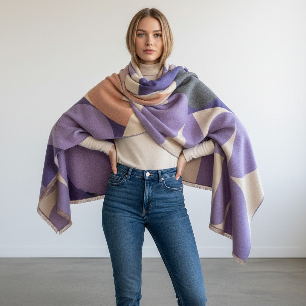 A woman modeling a large geometric patterned throw blanket draped over her shoulders. The blanket features large blocks of lavender purple, dusty pink, slate gray, and cream.