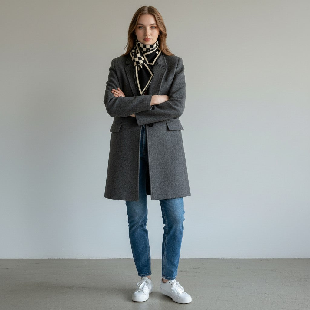 A woman stands with arms crossed wearing a long charcoal gray coat over a black and white patterned turtleneck, blue jeans, and white sneakers, photographed against a plain light gray wall and concrete floor.