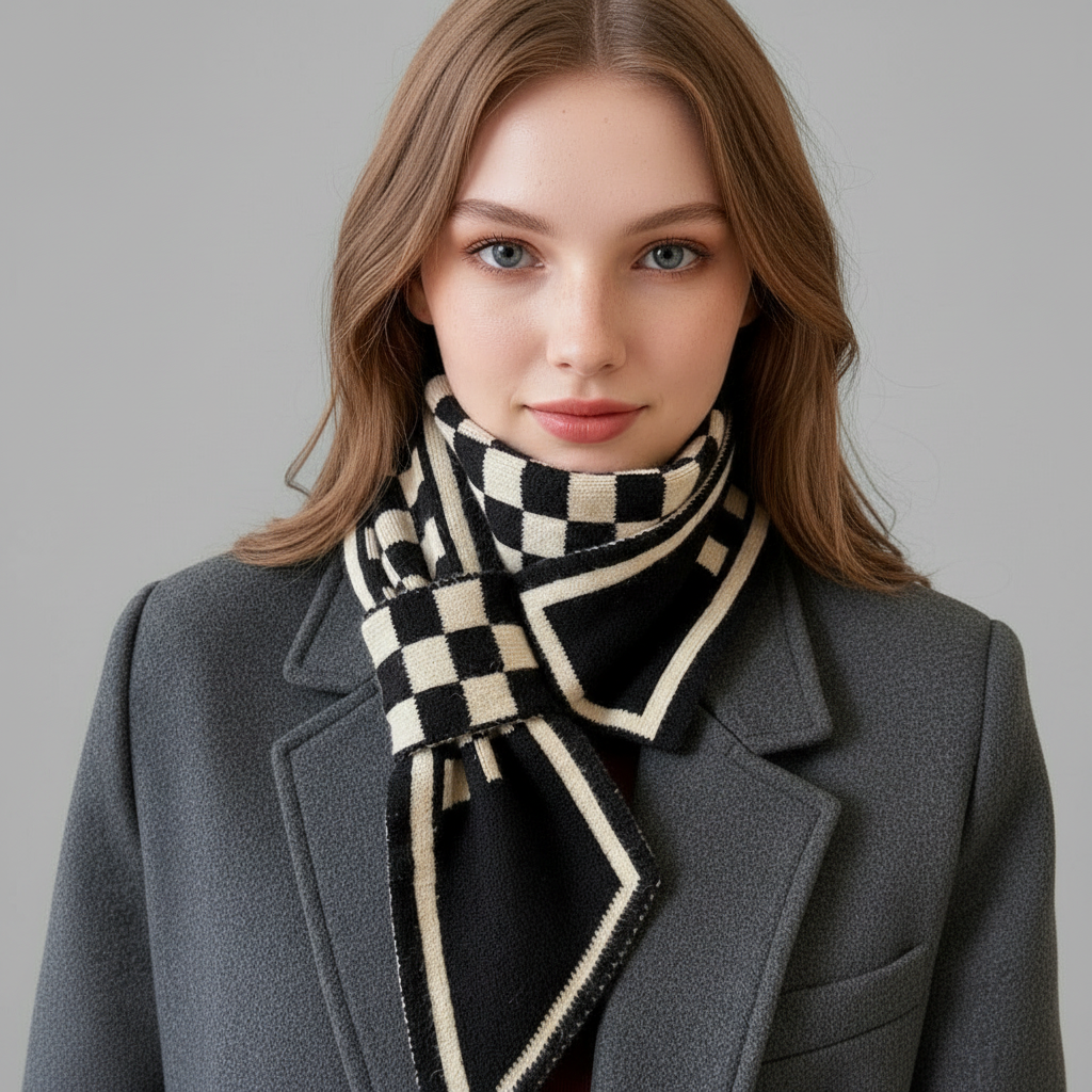A woman wearing a black and cream checkered knit scarf with striped trim, styled under a dark gray coat against a solid gray background.