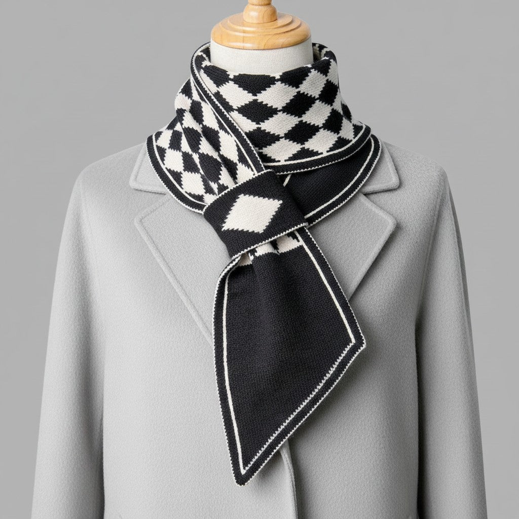 A black and white diamond-patterned knit scarf with white stitched borders, styled on a light gray coat mannequin against a solid gray background.