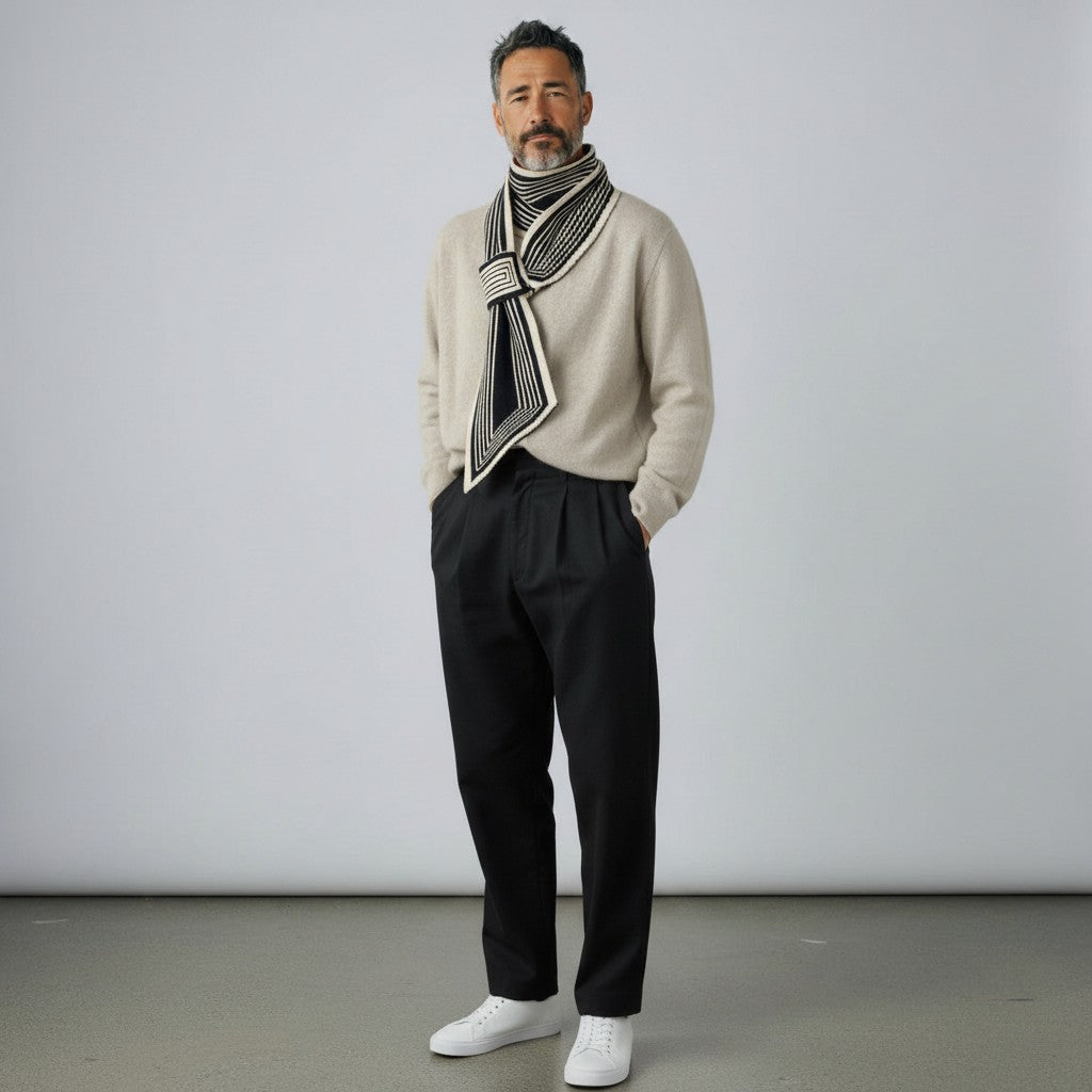 A man stands in a studio wearing a beige knit sweater, black trousers, white sneakers, and a black-and-beige striped scarf wrapped around his neck.