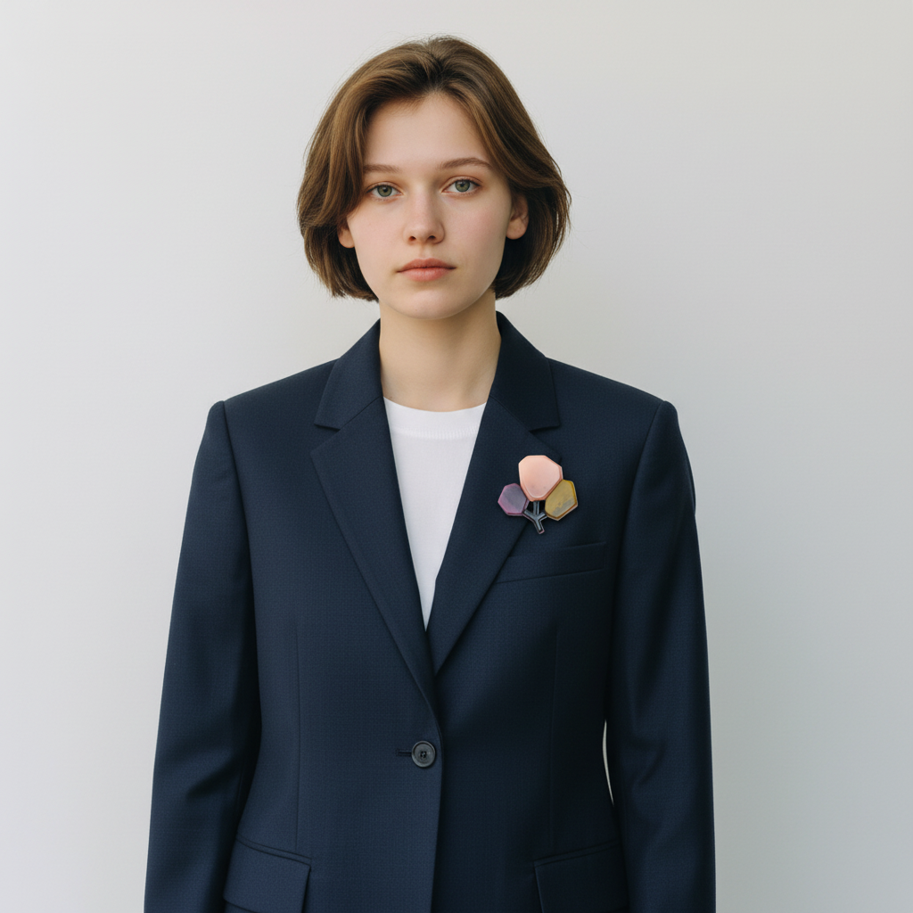 A person with short brown hair wearing a dark navy blazer over a white top, with a small pastel flower-shaped accessory pinned on the chest pocket, against a plain light gray background.