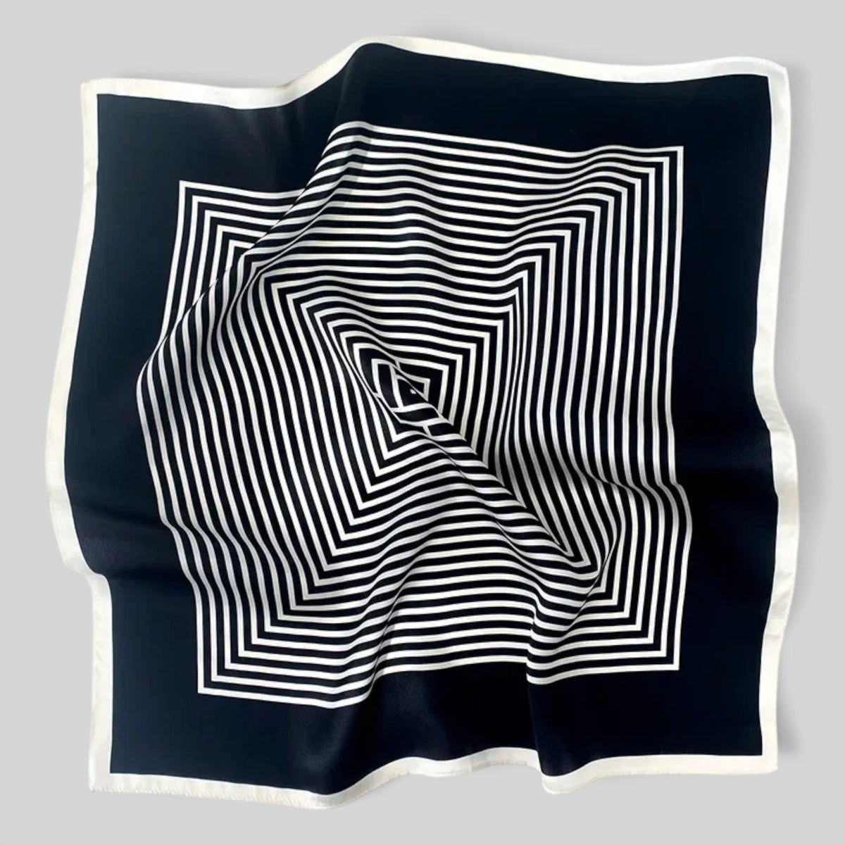 Black and white monochrome mulberry silk bandana with geometric meander border by Modernist Mood