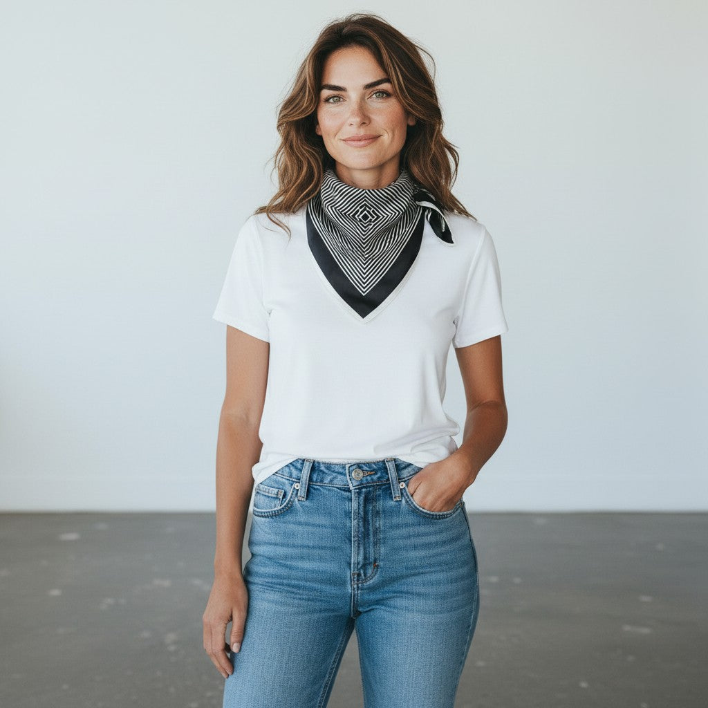Model wearing folded black and white silk neckerchief with crisp white shirting