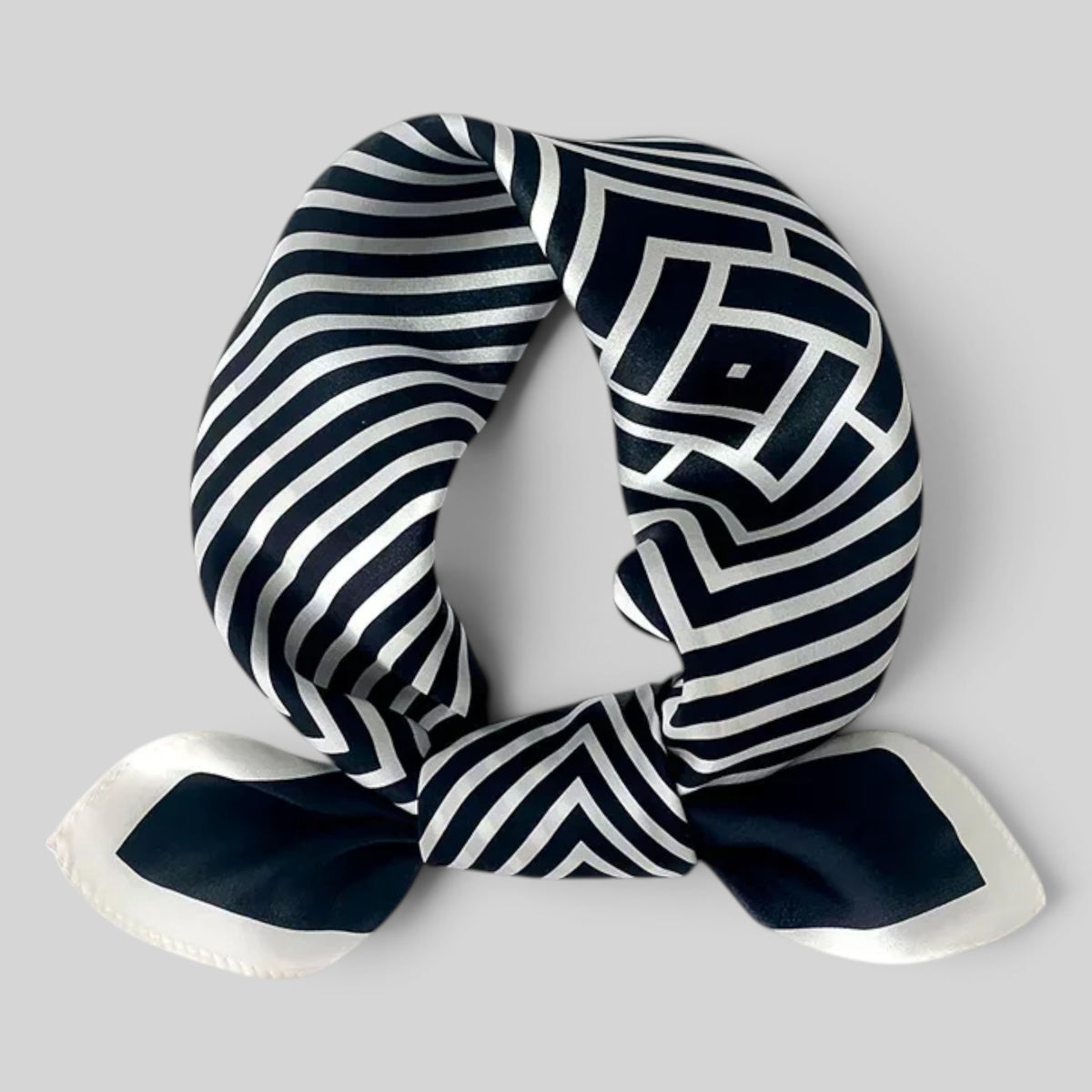 Black and white monochrome mulberry silk bandana with geometric meander border by Modernist Mood