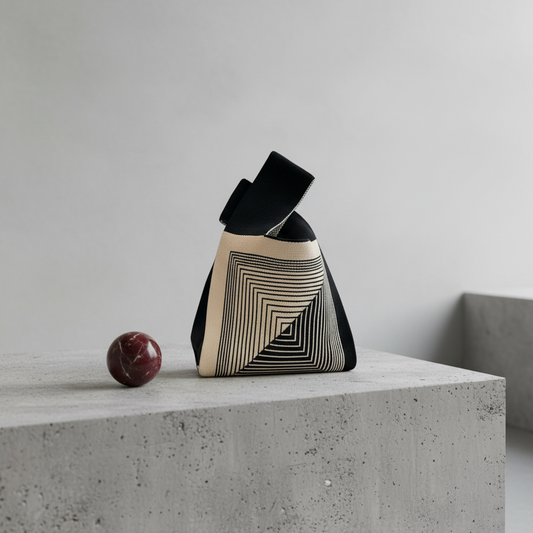A geometric handbag with black and beige stripes and black velvet-like top handles, displayed on a concrete pedestal next to a small marbled red sphere against a neutral gray background.