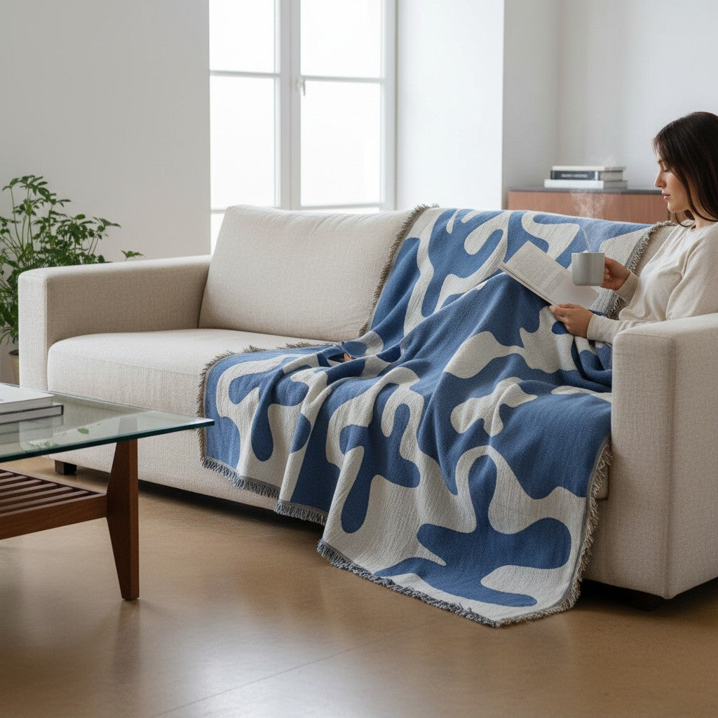 A woman sits on a cream-colored sofa in a bright living room, wrapped in a blue and white abstract patterned throw blanket. A glass coffee table and a window are visible in the foreground and background.