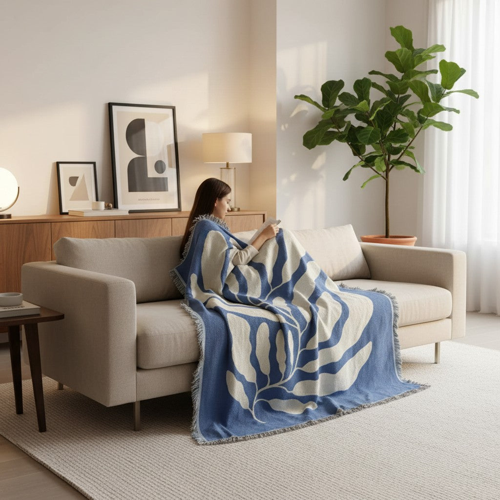 A woman sits on a light beige sofa in a bright living room, wrapped in a blue and cream botanical pattern throw blanket with fringe.