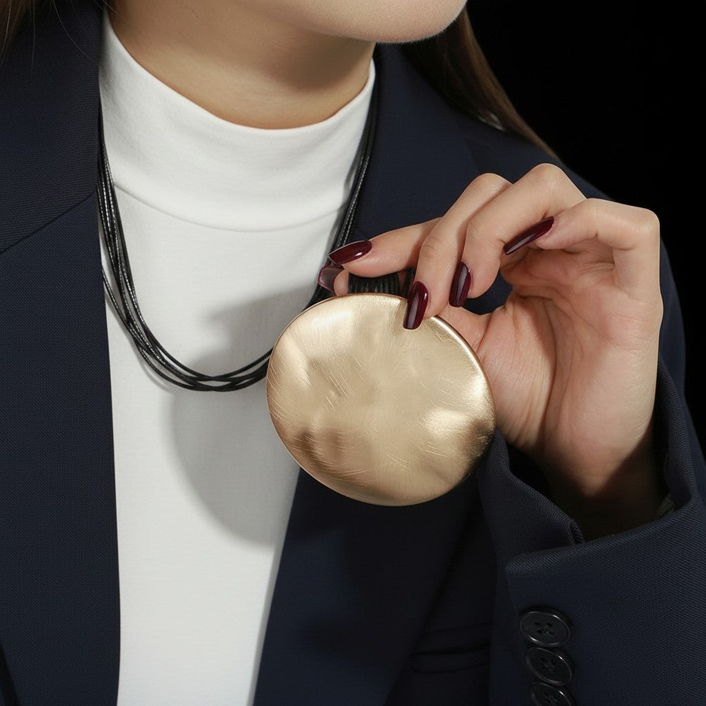 A close-up of a person wearing a dark navy blazer and white turtleneck, holding a large, round, textured gold pendant necklace against a black background.