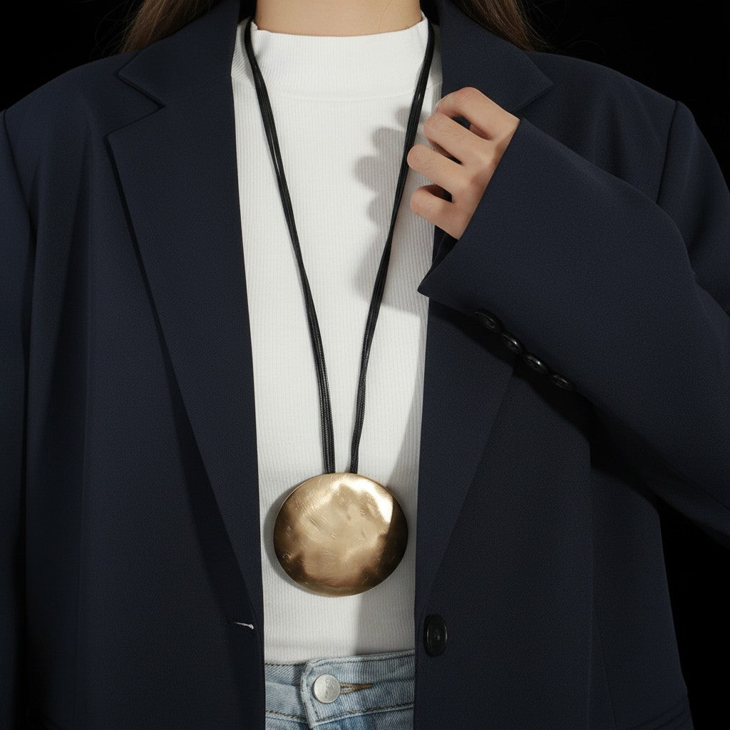 A close-up of a person wearing a large, round, hammered metallic gold pendant necklace on a black cord, styled over a white ribbed turtleneck and navy blazer.
