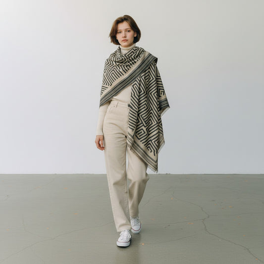 A model stands in a minimalist studio wearing a cream and black geometric patterned shawl draped over her shoulders, paired with a cream turtleneck, cream trousers, and white sneakers.