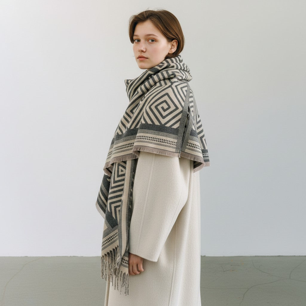 A woman wearing a cream and dark gray geometric patterned knit wrap or shawl draped over her shoulders, paired with a long cream coat, standing against a plain light gray wall.