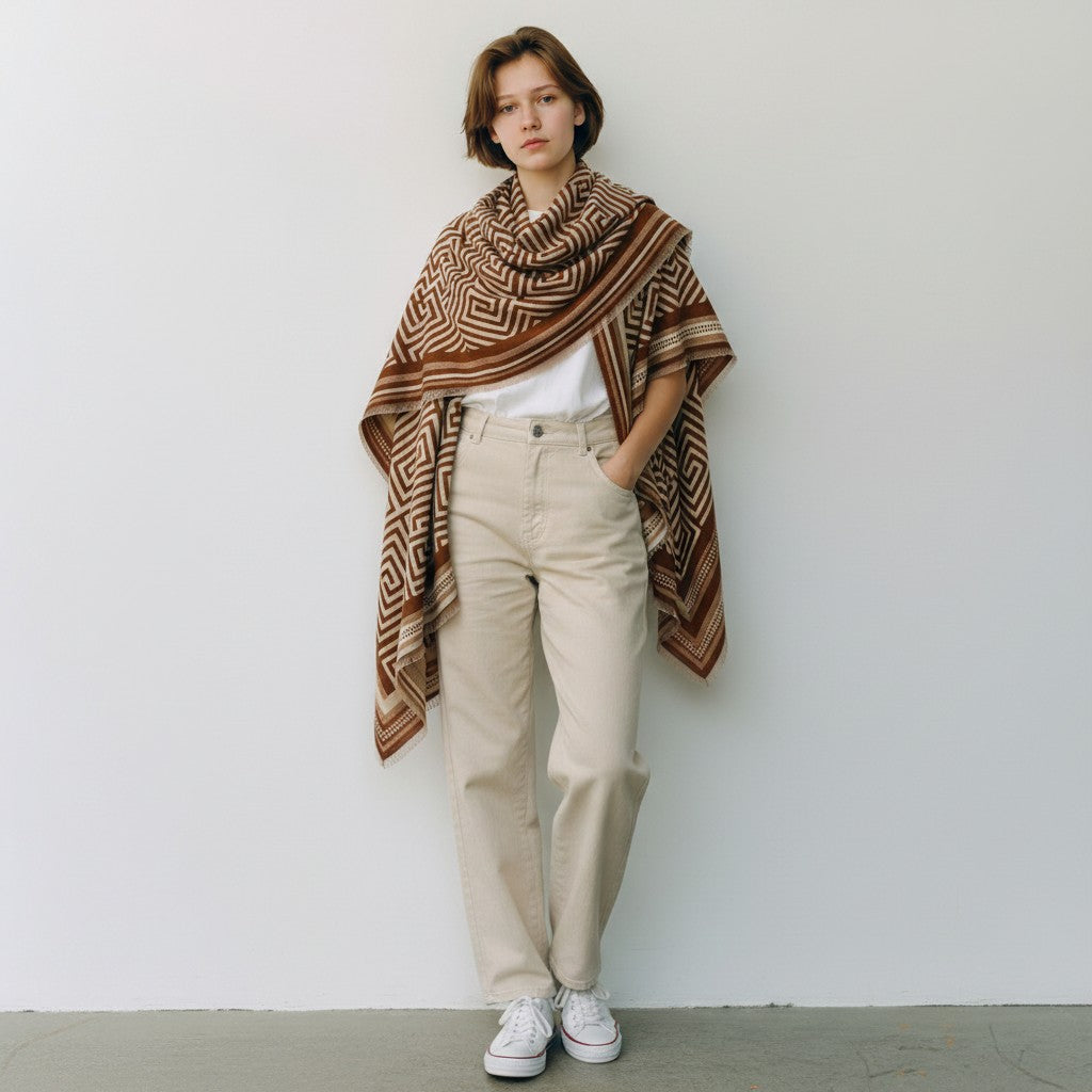 A model stands against a plain white wall wearing a brown and beige geometric patterned shawl draped over their shoulders, paired with beige trousers, a white t-shirt, and white sneakers.