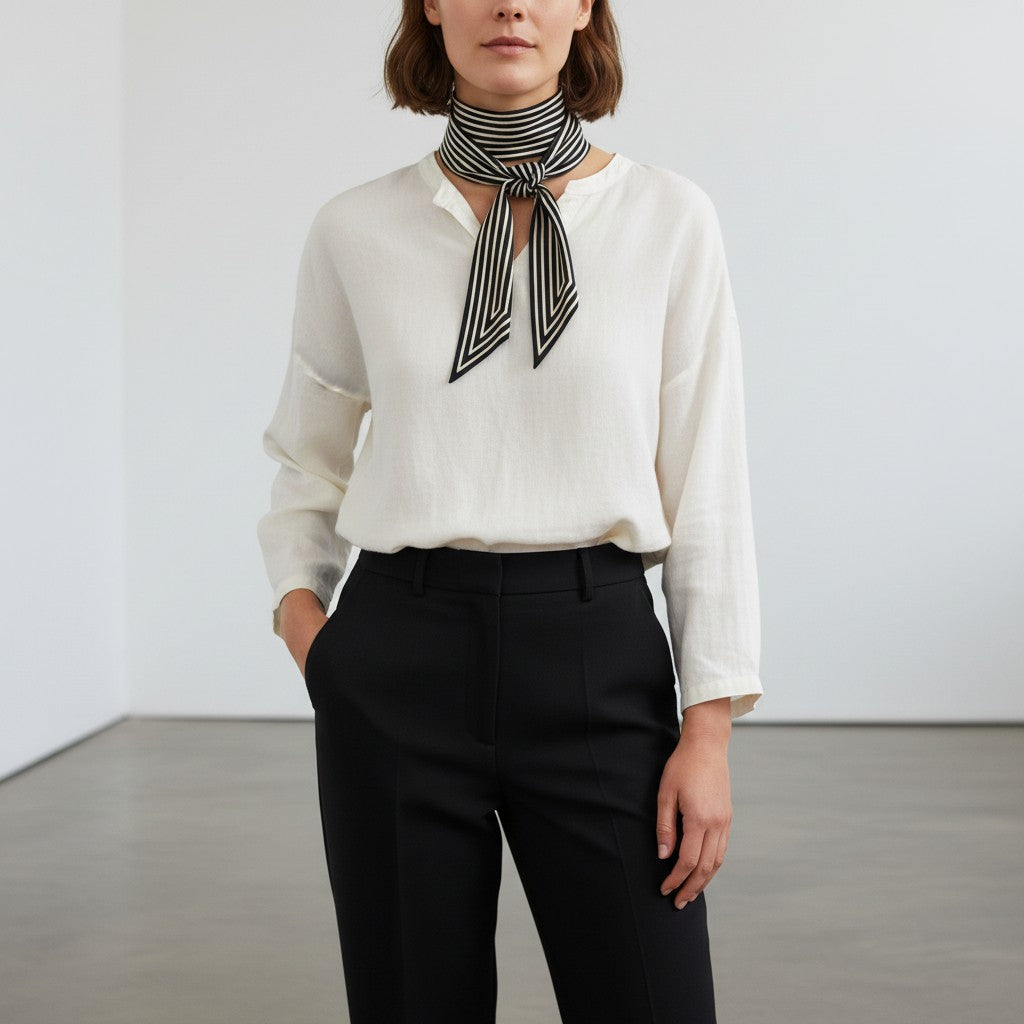 A woman wearing a ribbed knit crewneck sweater in burnt orange with a blue and black embroidered accent on the left chest, paired with blue jeans, standing against a plain white wall.