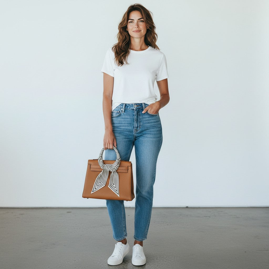 A woman wearing a navy blue wool-blend coat over a white top, accessorized with a brown floral brooch, standing in a bright, minimalist room with white walls and gray concrete floors.