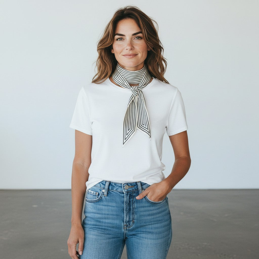 A woman wearing a white short-sleeve t-shirt and blue jeans, styled with a black and white striped neck scarf tied in a knot at the collar, standing against a plain light gray wall.