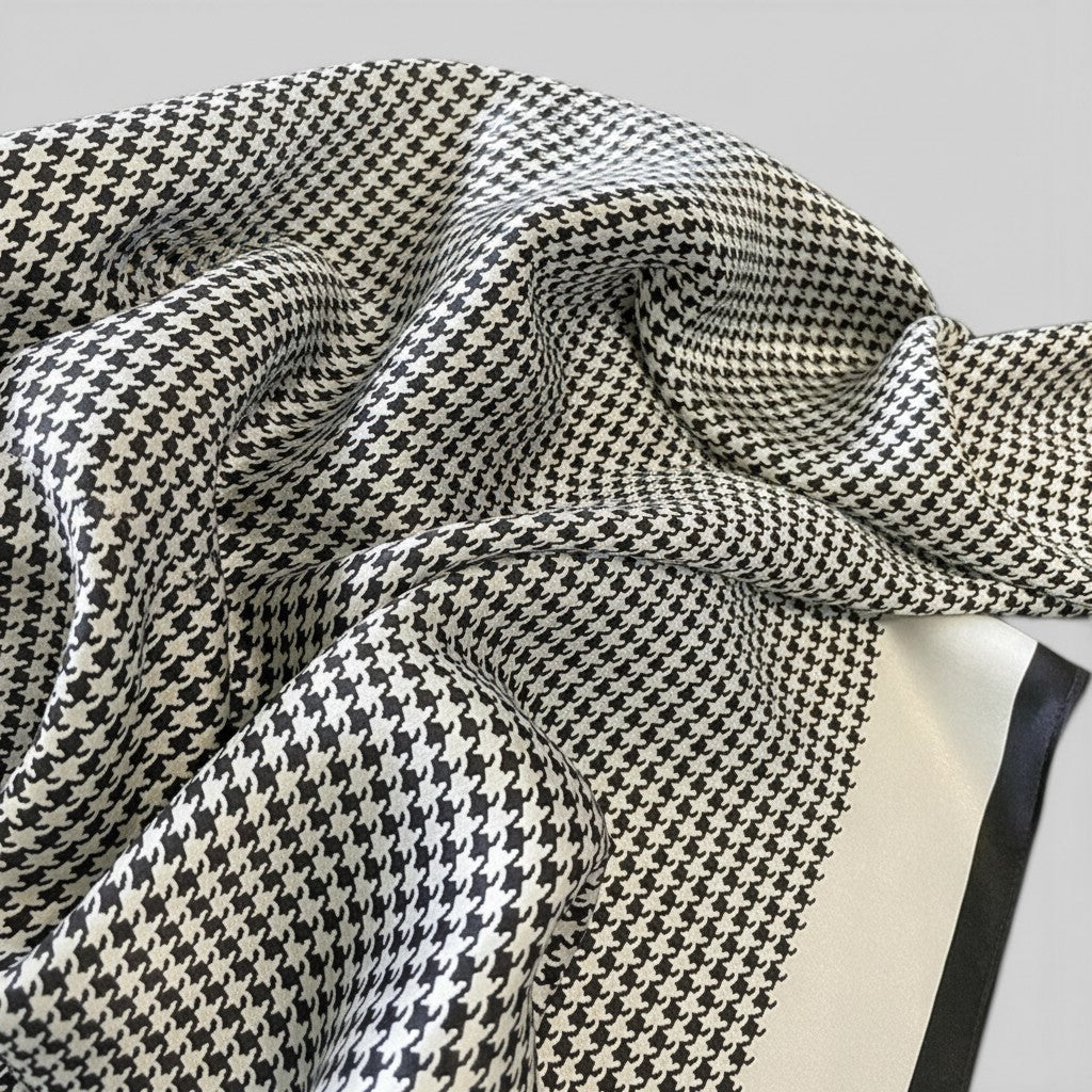 Close-up view of classic houndstooth grid print on smooth natural silk crepe satin