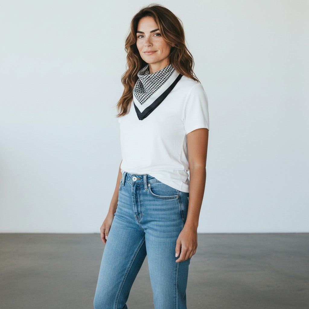 Retro-modern houndstooth silk foulard knotted gracefully around the neck