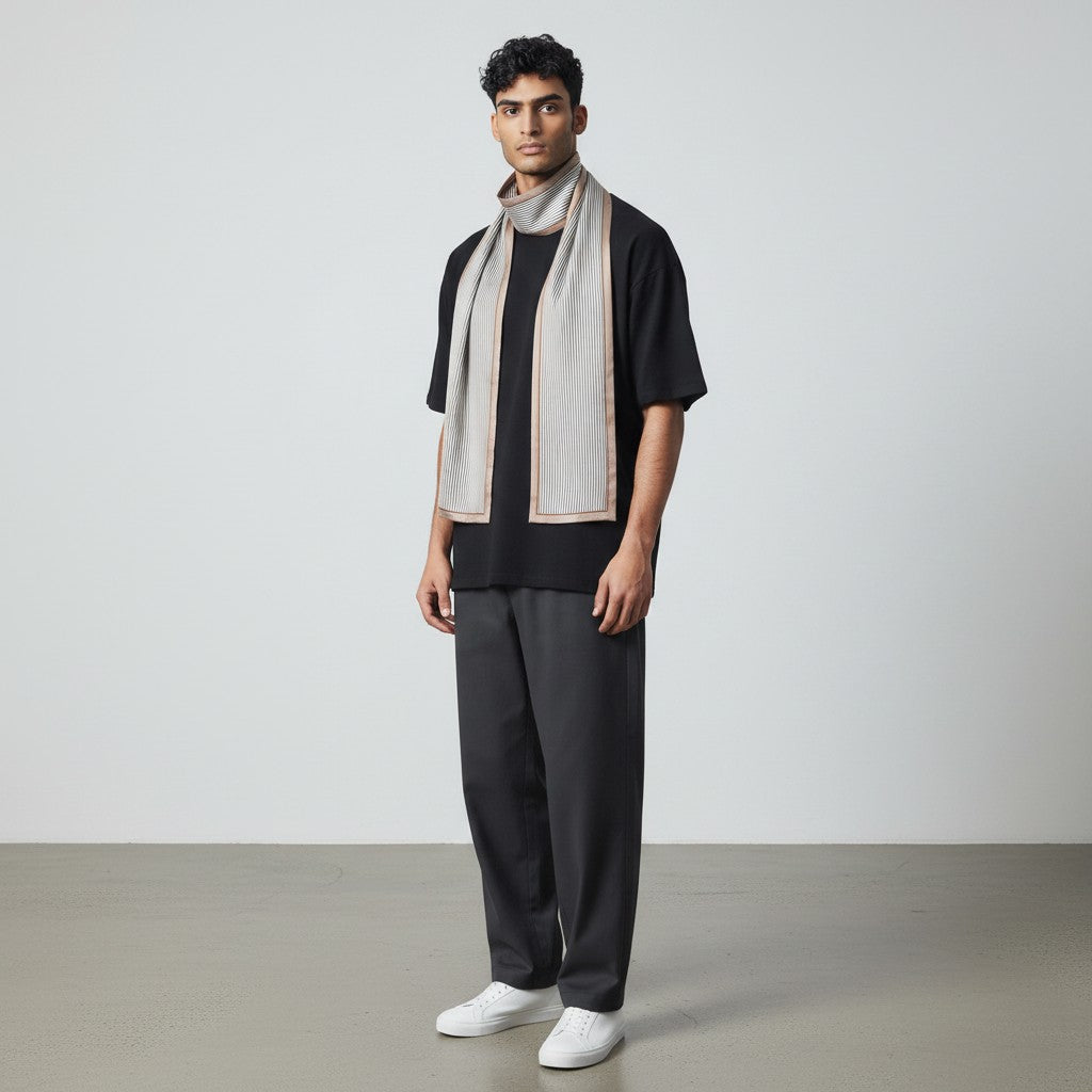 Model wearing thin striped silk ribbon scarf knotted modern-tie style at the neck