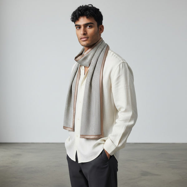 Model wearing thin striped silk ribbon scarf knotted modern-tie style at the neck