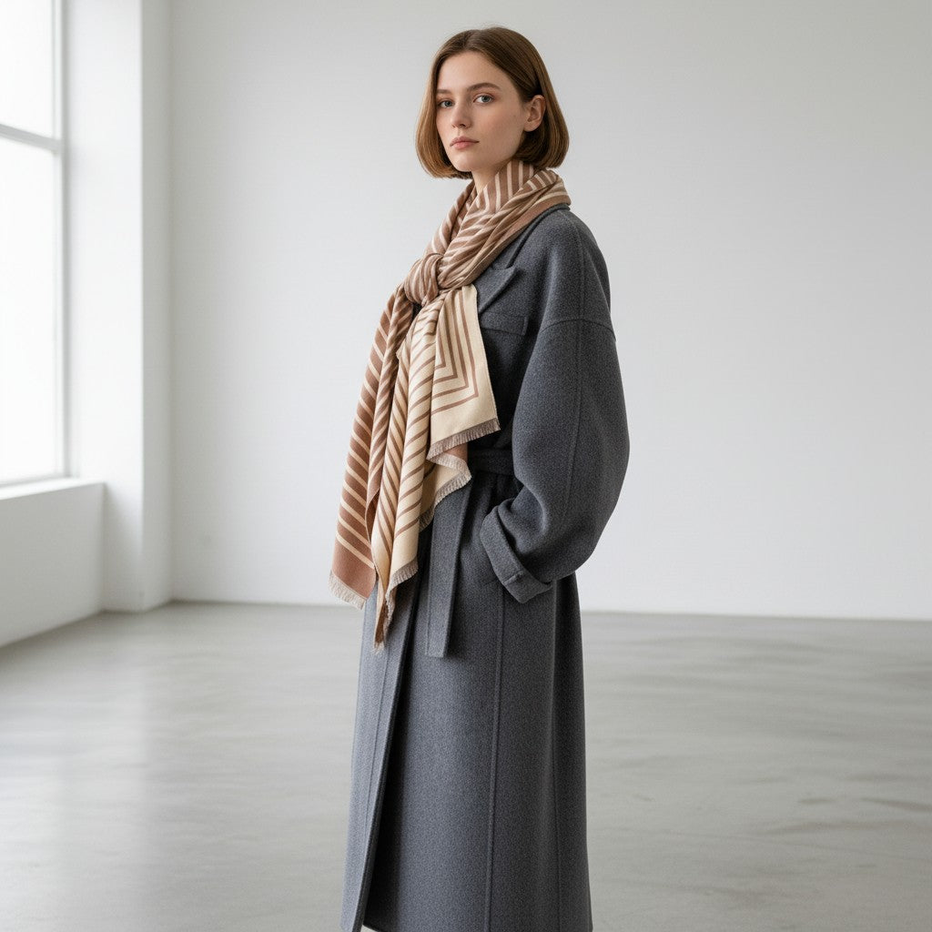 A woman stands in a bright, minimalist room wearing a long dark gray coat and a beige scarf with brown stripes.