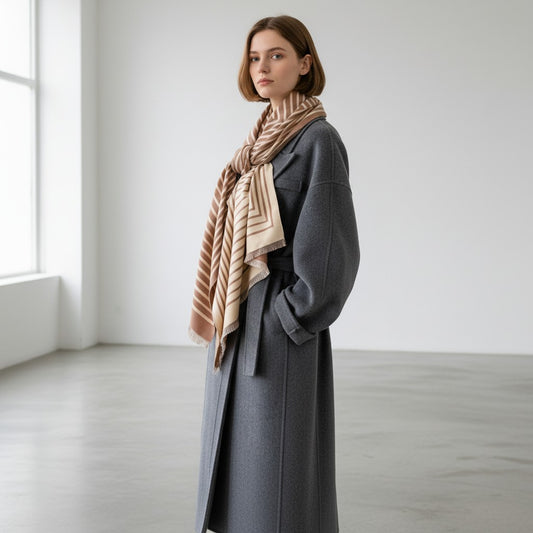 A woman stands in a bright, minimalist room wearing a long dark gray coat and a beige scarf with brown stripes.