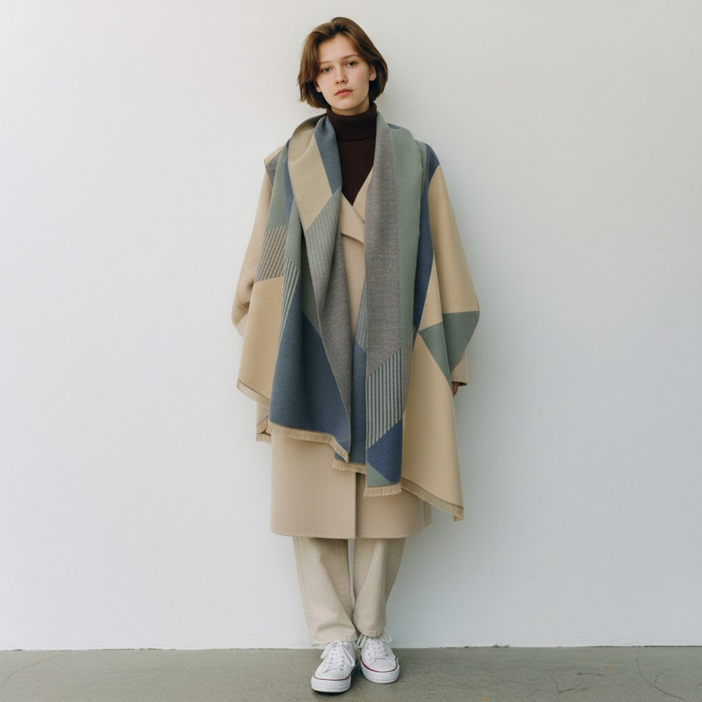 A model stands against a plain light gray wall wearing a large geometric patterned knit wrap or shawl in beige, gray, and muted blue over a dark turtleneck, beige coat, and beige pants with white sneakers.