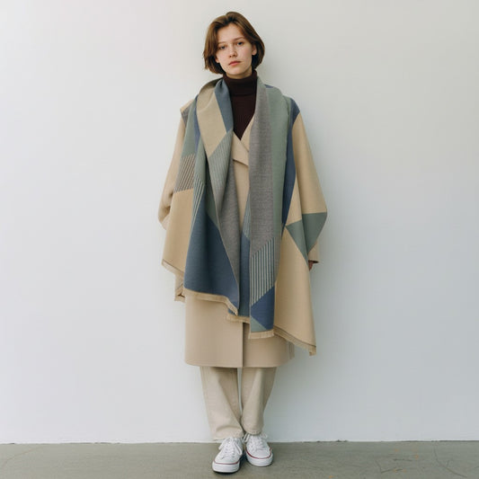 A model stands against a plain light gray wall wearing a large geometric patterned knit wrap or shawl in beige, gray, and muted blue over a dark turtleneck, beige coat, and beige pants with white sneakers.