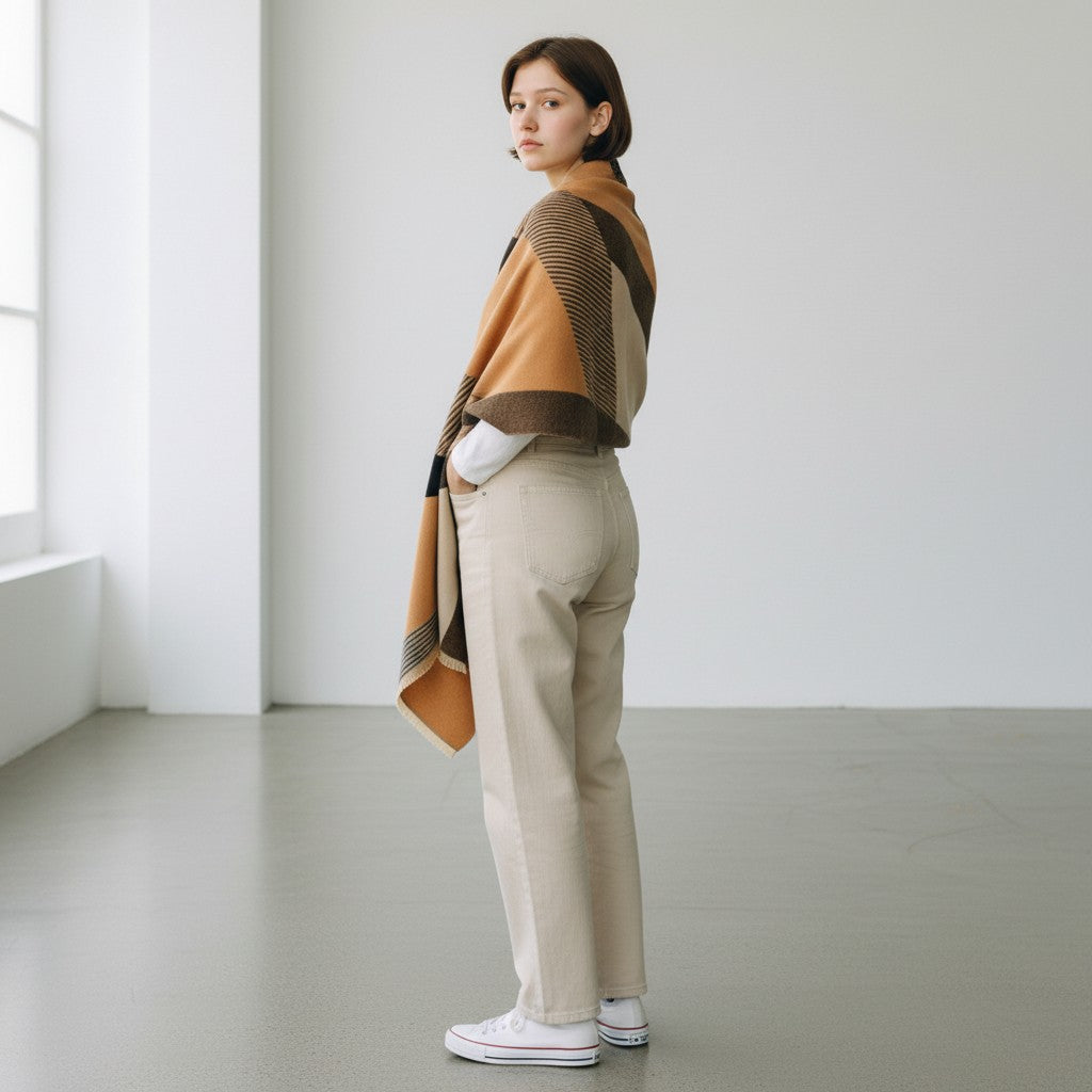 A woman stands in profile in a bright, minimalist room, wearing a camel and brown striped knit wrap or poncho over a white top, paired with beige straight-leg trousers and white sneakers.