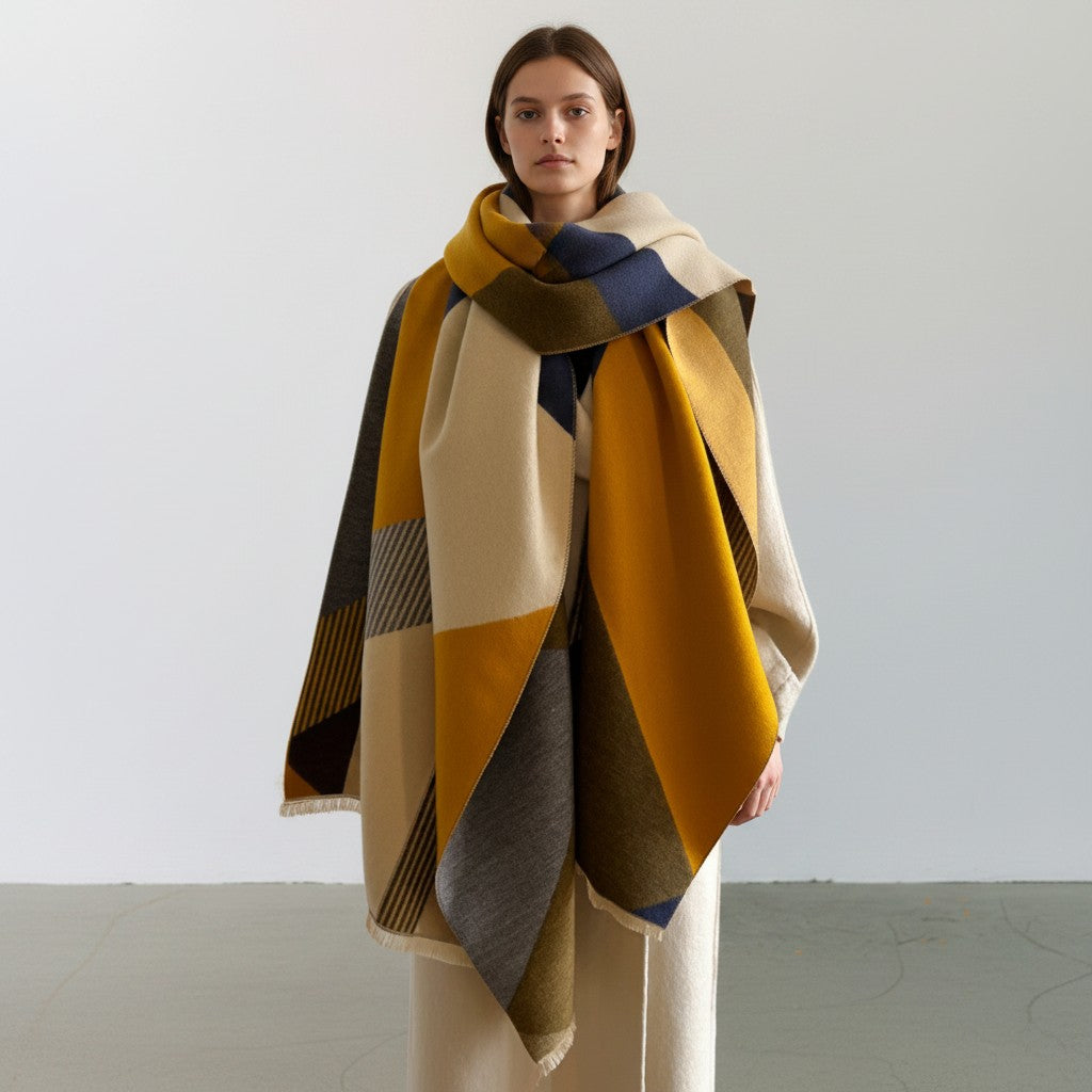 A woman stands against a plain light gray studio background wearing a large woven scarf with a bold geometric block pattern in mustard yellow, cream, navy, olive green, and gray.