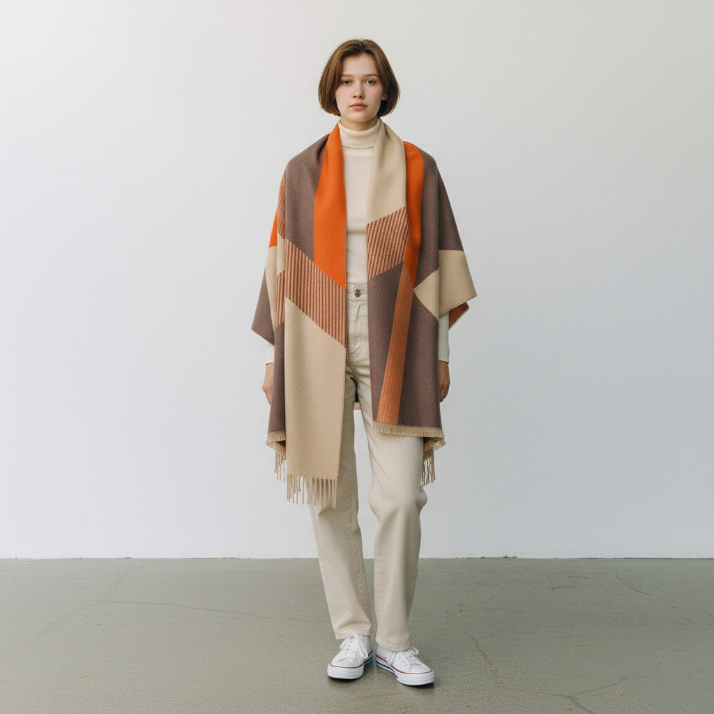 A model stands against a plain light gray studio wall wearing a large geometric patterned knit wrap or poncho in beige, brown, and orange over a cream turtleneck, cream pants, and white sneakers.