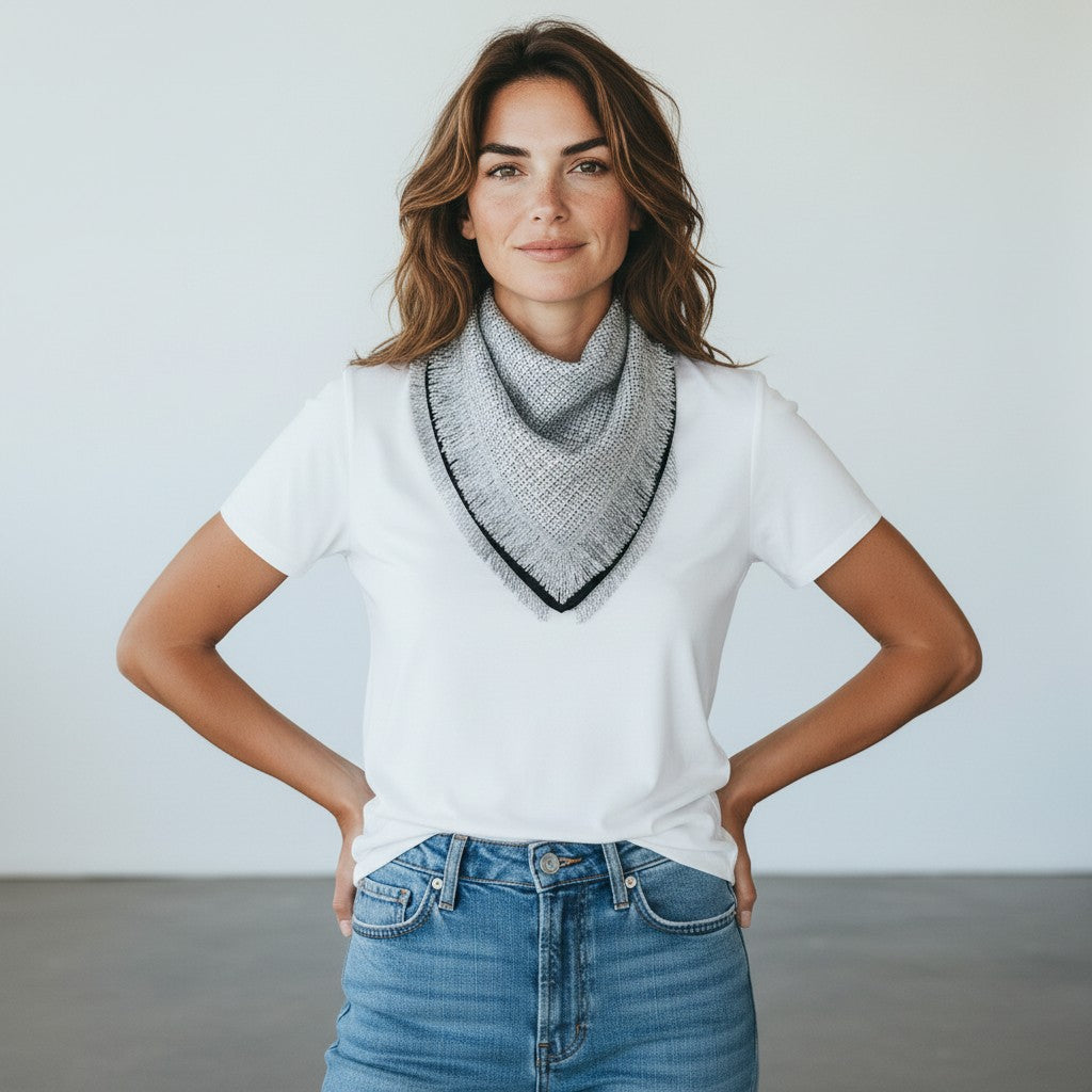 Model wearing spatial textured silk square tied as a neckerchief