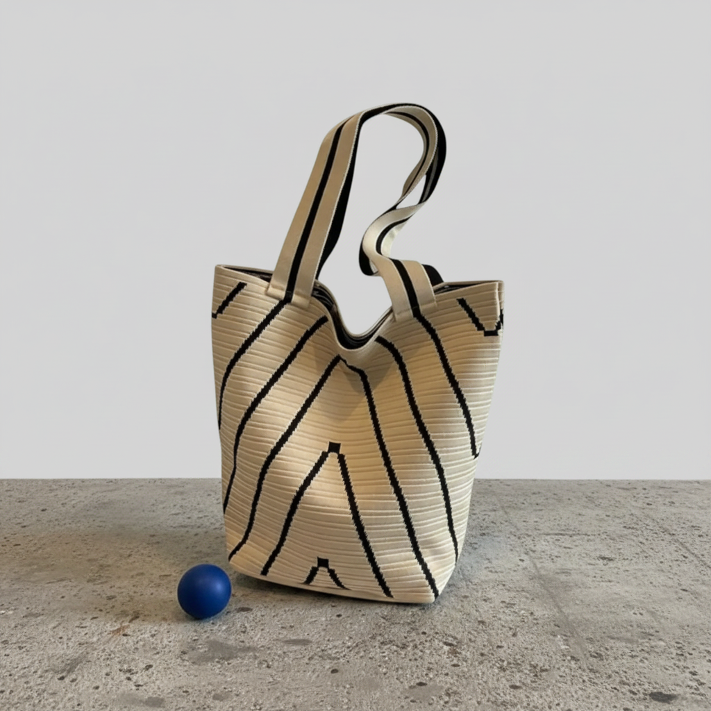 A woven tote bag with black geometric line patterns on a cream base, standing on a textured gray surface next to a small blue sphere.