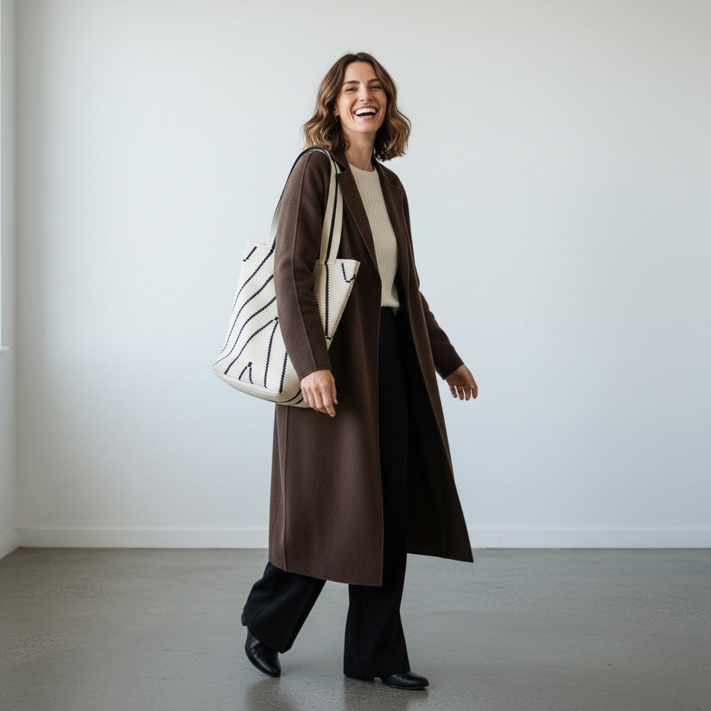 A woman wearing a long brown coat over a cream top and black wide-leg pants, carrying a large cream tote bag with black lines, standing in a minimalist room with a white wall and gray floor.