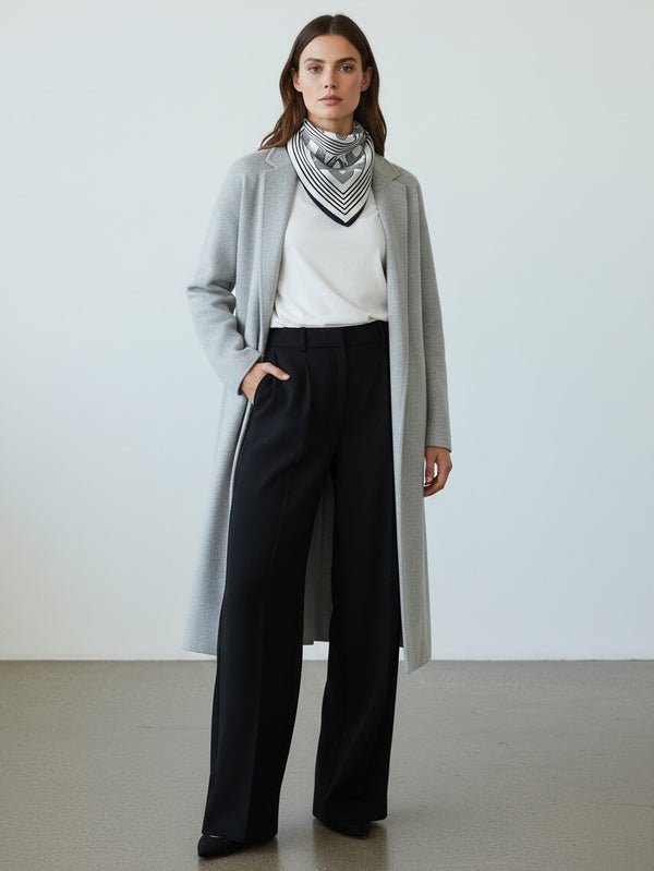 A woman stands in a minimalist studio wearing a long light gray coat over a white top, black wide-leg trousers, and a black-and-white patterned neck scarf.