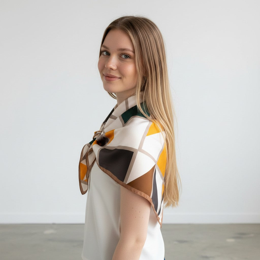 A woman with long blonde hair is shown from the side, wearing a white blouse and a patterned scarf draped over her shoulder. The scarf features a geometric design in white, mustard yellow, brown, and dark green.