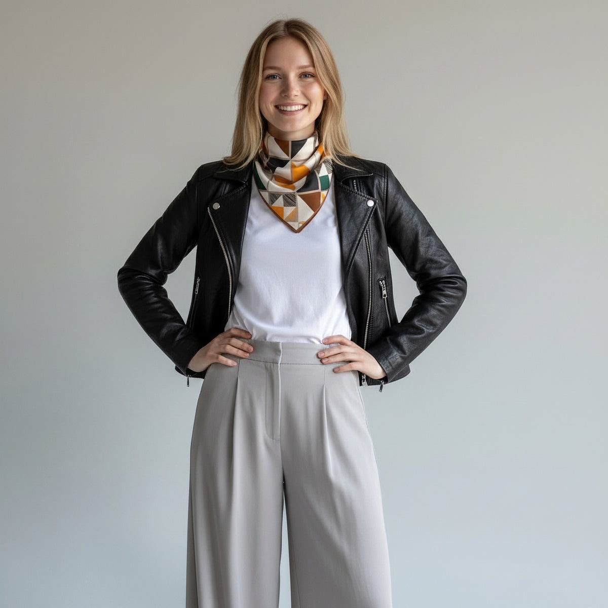 A woman stands against a plain light gray background wearing a black leather moto jacket, a white t-shirt, light gray wide-leg trousers, and a geometric patterned neck scarf in orange, green, and white.