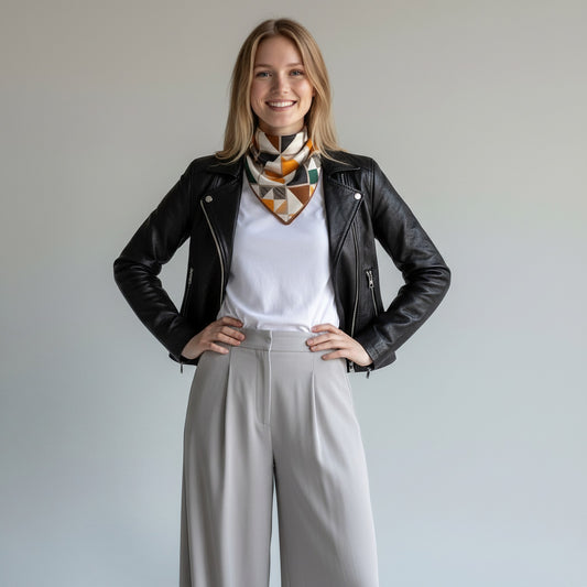 A woman stands against a plain light gray background wearing a black leather moto jacket, a white t-shirt, light gray wide-leg trousers, and a geometric patterned neck scarf in orange, green, and white.
