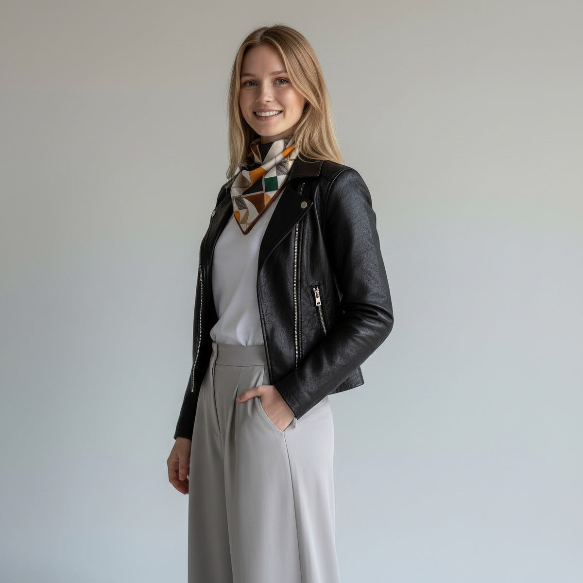 A woman stands against a plain light gray wall wearing a black leather moto jacket over a white top and light gray wide-leg pants, with a multicolor geometric patterned scarf tied around her neck.