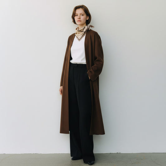 A woman stands against a plain light gray wall wearing a long brown coat over a white top, black wide-leg trousers, and a beige patterned scarf.
