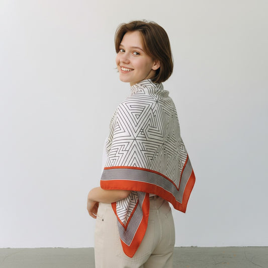 A woman wearing a white silk scarf with a black geometric maze pattern and orange borders, styled over her shoulders, posing against a plain light gray wall.