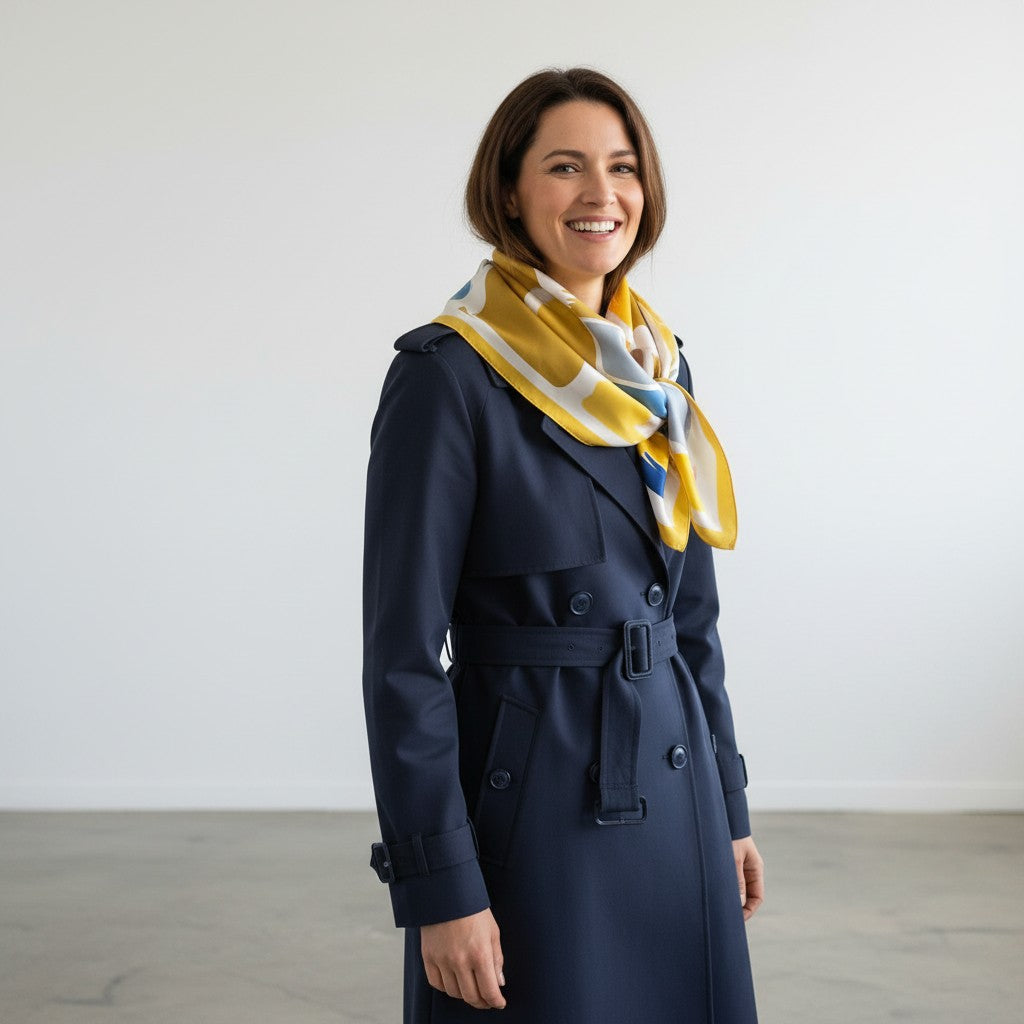 A woman wearing a navy blue trench coat and a yellow, white, and blue striped scarf, standing against a plain white wall.