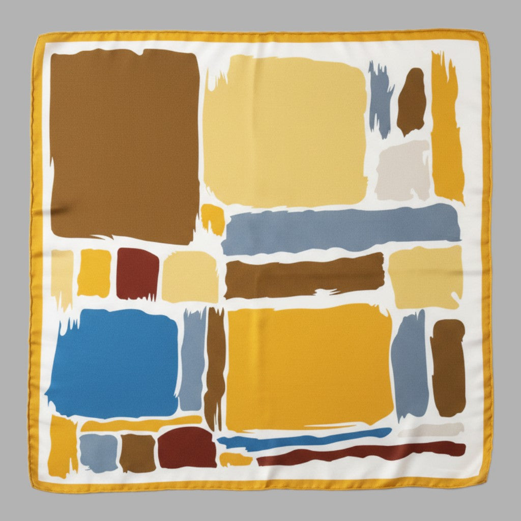 A square scarf with an abstract geometric pattern featuring blocks of mustard yellow, brown, blue, red, and gray on a white background with a mustard yellow border.